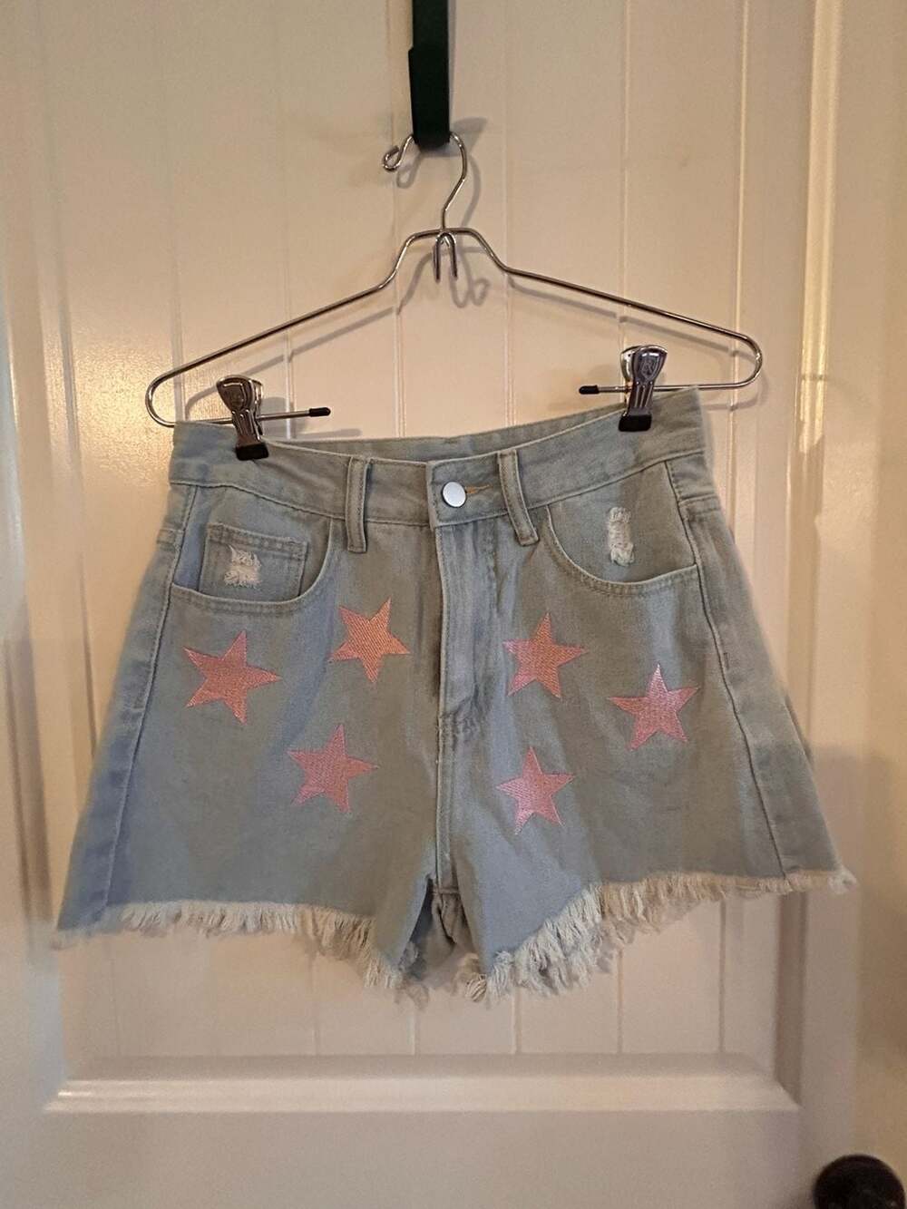 Pink Embroidered Star High Waist Frayed Denim Shorts